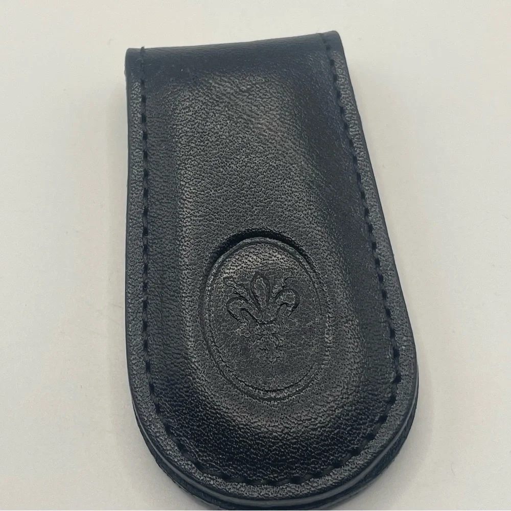 Fleur de Lis Embossed Black Leather Money Clip Made in Italy
